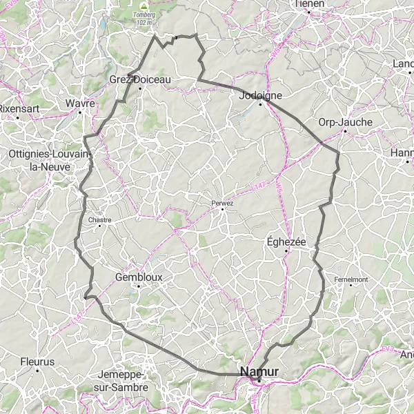 Miniatuurkaart van de fietsinspiratie "Uitdagende fietsroute door Waals-Brabant en Namen" in Prov. Brabant Wallon, Belgium. Gemaakt door de Tarmacs.app fietsrouteplanner