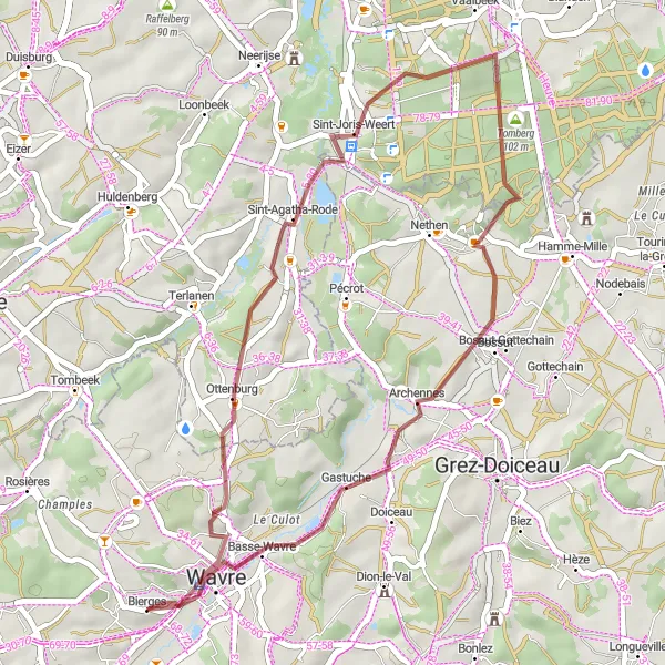 Map miniature of "Gravel Loop from Bierges" cycling inspiration in Prov. Brabant Wallon, Belgium. Generated by Tarmacs.app cycling route planner