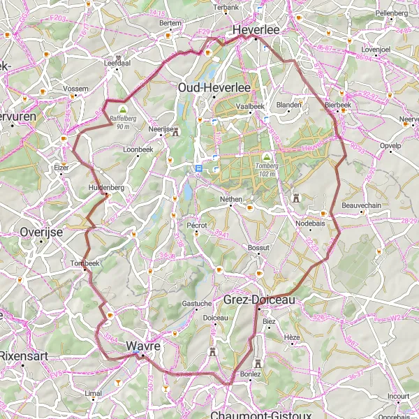 Miniatuurkaart van de fietsinspiratie "Gravelroute naar Bierges langs Tombeek en Tourinnes-la-Grosse" in Prov. Brabant Wallon, Belgium. Gemaakt door de Tarmacs.app fietsrouteplanner