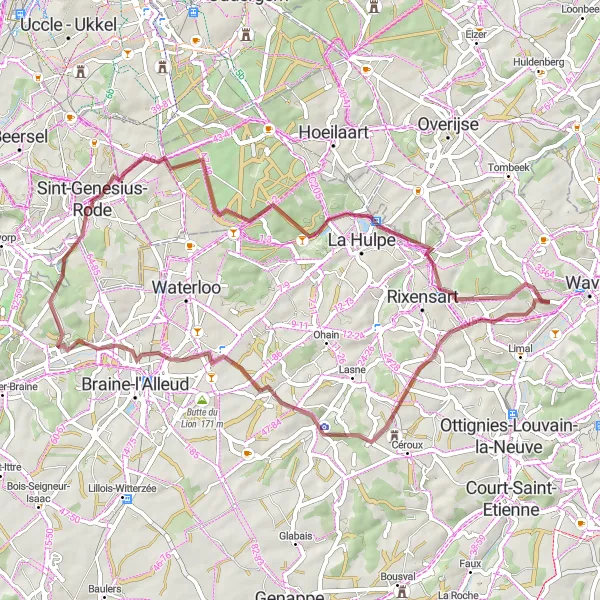 Map miniature of "Discovering Hidden Gems near Bierges" cycling inspiration in Prov. Brabant Wallon, Belgium. Generated by Tarmacs.app cycling route planner