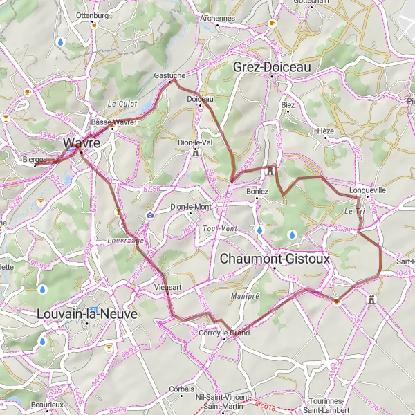 Karten-Miniaturansicht der Radinspiration "Gravel-Abenteuer in der Nähe von Bierges" in Prov. Brabant Wallon, Belgium. Erstellt vom Tarmacs.app-Routenplaner für Radtouren
