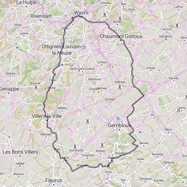 Map miniature of "Looping through Brabant Wallon" cycling inspiration in Prov. Brabant Wallon, Belgium. Generated by Tarmacs.app cycling route planner