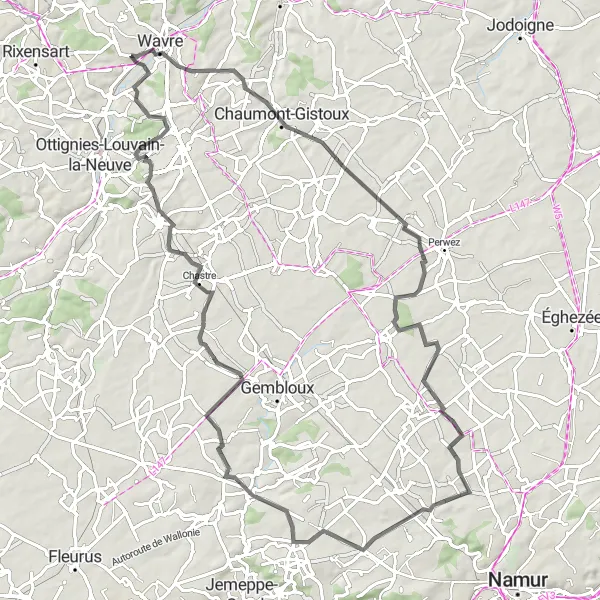 Miniatuurkaart van de fietsinspiratie "Wegroute naar Bierges via Thorembais-Saint-Trond en Cortil-Noirmont" in Prov. Brabant Wallon, Belgium. Gemaakt door de Tarmacs.app fietsrouteplanner