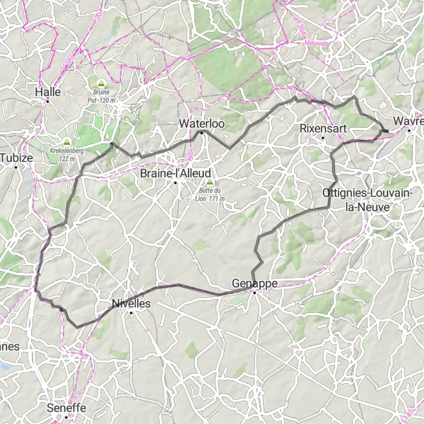 Miniatuurkaart van de fietsinspiratie "Wegroute naar Bierges via Glabais en La Hulpe" in Prov. Brabant Wallon, Belgium. Gemaakt door de Tarmacs.app fietsrouteplanner