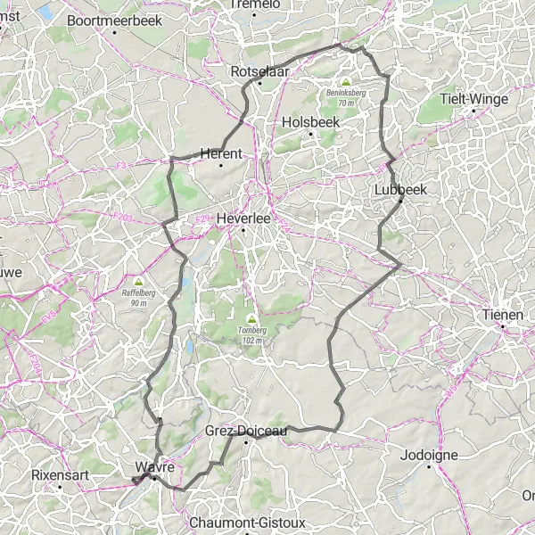 Miniature de la carte de l'inspiration cycliste "Boucle Bierges - Grez-Doiceau - Lubbeek" dans la Prov. Brabant Wallon, Belgium. Générée par le planificateur d'itinéraire cycliste Tarmacs.app