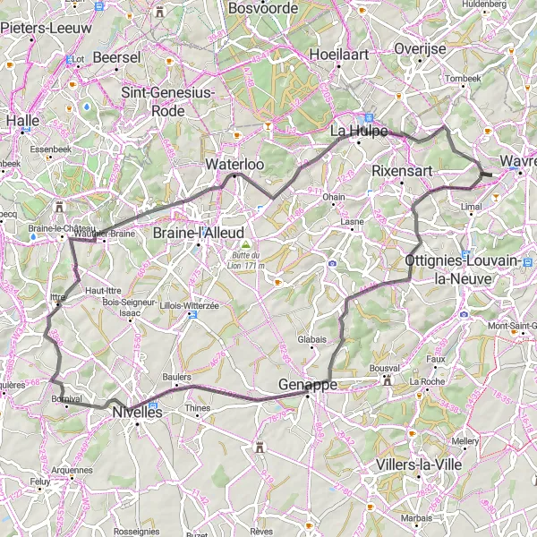 Map miniature of "Moriensart and Beyond" cycling inspiration in Prov. Brabant Wallon, Belgium. Generated by Tarmacs.app cycling route planner