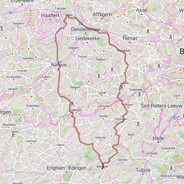 Miniature de la carte de l'inspiration cycliste "La Campagne de Brabant en Gravel" dans la Prov. Brabant Wallon, Belgium. Générée par le planificateur d'itinéraire cycliste Tarmacs.app