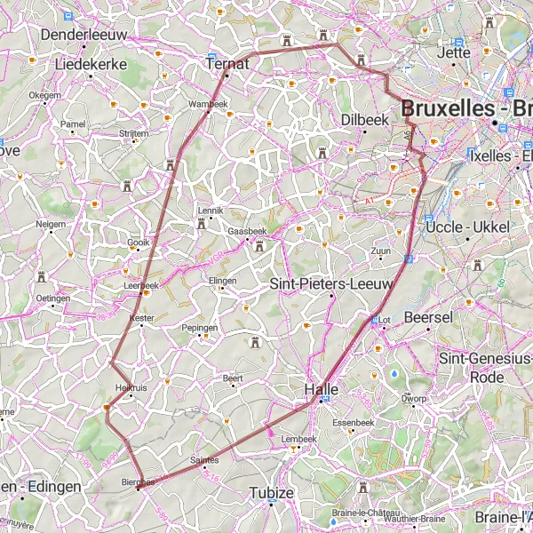 Map miniature of "Gooik - Sint-Ulriks-Kapelle - Berchem-Sainte-Agathe - Sint-Agatha-Berchem - Halle - Saintes" cycling inspiration in Prov. Brabant Wallon, Belgium. Generated by Tarmacs.app cycling route planner