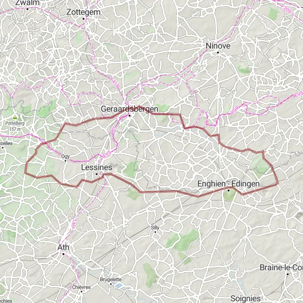 Map miniature of "Bierghes - Petit-Enghien - Marcq - Mark - Carrières Unies de Porphyre (CUP) - Kiosque à musique - Geraardsbergen - Bosberg - Tollembeek - Ter Rijst Loop" cycling inspiration in Prov. Brabant Wallon, Belgium. Generated by Tarmacs.app cycling route planner