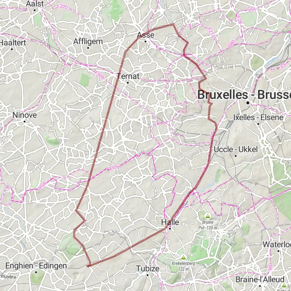 Map miniature of "Bierghes - Gooik - Asse - Halle - Saintes Loop" cycling inspiration in Prov. Brabant Wallon, Belgium. Generated by Tarmacs.app cycling route planner