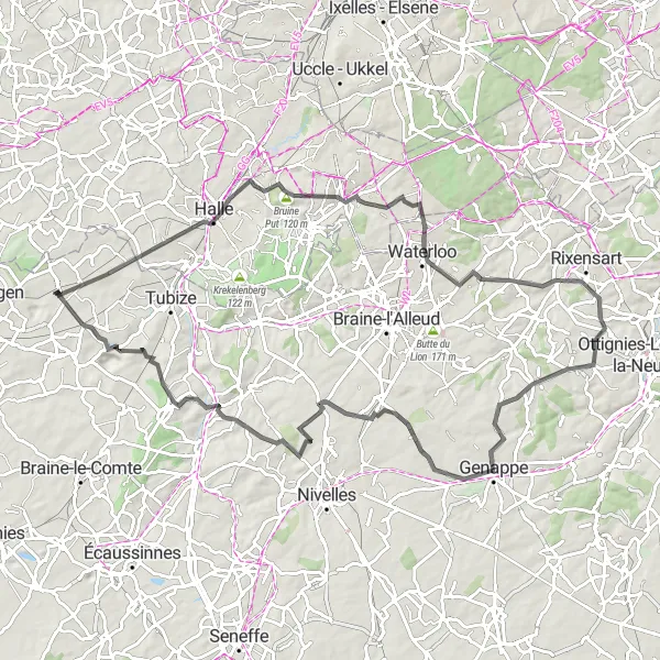 Map miniature of "The Bierghes Road Challenge" cycling inspiration in Prov. Brabant Wallon, Belgium. Generated by Tarmacs.app cycling route planner