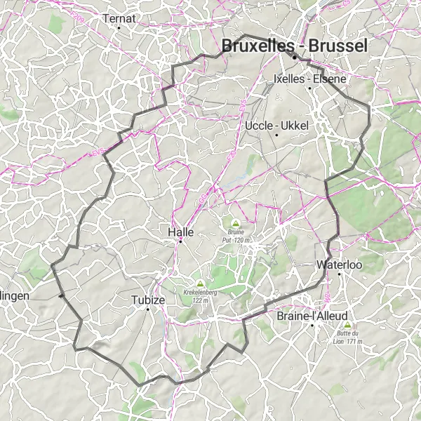 Map miniature of "Pepingen Round-Trip" cycling inspiration in Prov. Brabant Wallon, Belgium. Generated by Tarmacs.app cycling route planner