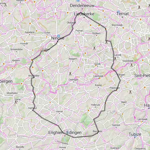 Map miniature of "Enghien - Galmaarden - Ninove - Liedekerke - Lennik - Pepingen" cycling inspiration in Prov. Brabant Wallon, Belgium. Generated by Tarmacs.app cycling route planner