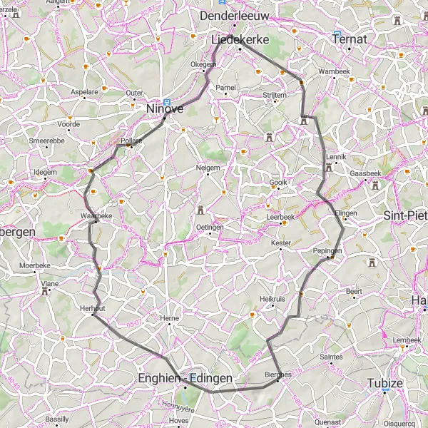 Karten-Miniaturansicht der Radinspiration "Bierghes - Petit-Enghien - Ninove - Lennik - Pepingen" in Prov. Brabant Wallon, Belgium. Erstellt vom Tarmacs.app-Routenplaner für Radtouren