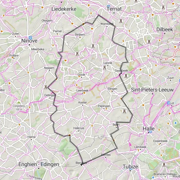 Map miniature of "Bierghes - Lieferinge - Wambeek - Gaasbeek - Beert - Saintes Loop" cycling inspiration in Prov. Brabant Wallon, Belgium. Generated by Tarmacs.app cycling route planner