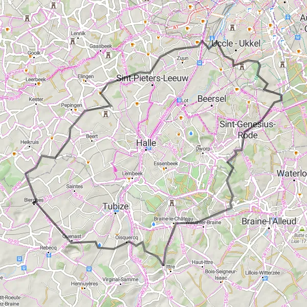 Map miniature of "Pepingen - Sint-Pieters-Leeuw - Forest - Vorst - Sint-Genesius-Rode - Ittre - Quenast" cycling inspiration in Prov. Brabant Wallon, Belgium. Generated by Tarmacs.app cycling route planner
