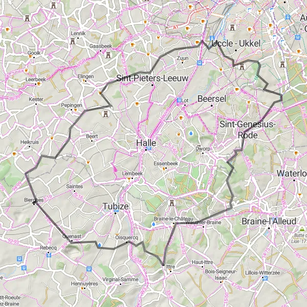 Karten-Miniaturansicht der Radinspiration "Bierghes - Pepingen - Sint-Pieters-Leeuw - Forest - Sint-Genesius-Rode - Ittre - Quenast" in Prov. Brabant Wallon, Belgium. Erstellt vom Tarmacs.app-Routenplaner für Radtouren