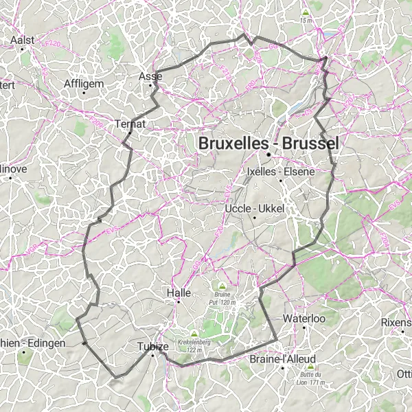 Map miniature of "Bierghes - Gooik - Ternat - Grimbergen - Woluwe-Saint-Pierre - Sint-Genesius-Rode - Braine-le-Château Loop" cycling inspiration in Prov. Brabant Wallon, Belgium. Generated by Tarmacs.app cycling route planner