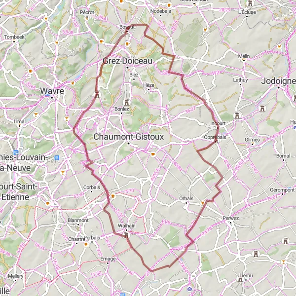 Map miniature of "Scenic Gravel Route through Walloon Brabant" cycling inspiration in Prov. Brabant Wallon, Belgium. Generated by Tarmacs.app cycling route planner