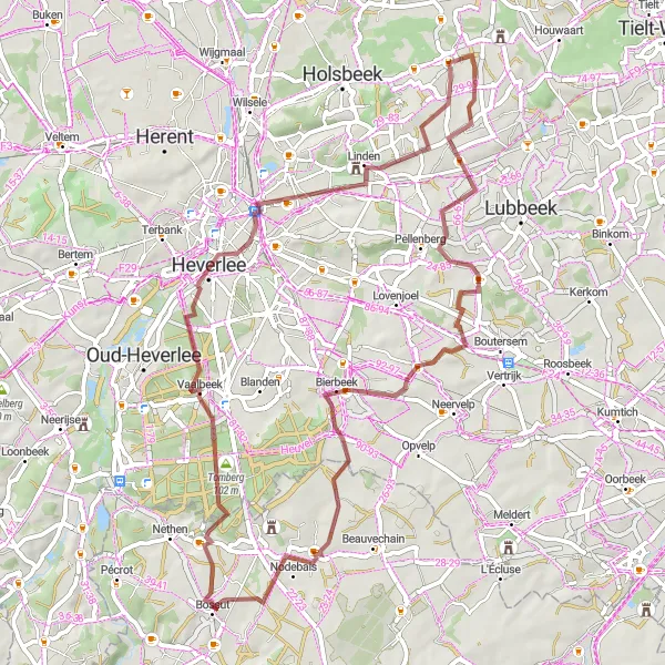 Miniature de la carte de l'inspiration cycliste "Boucle des Collines Brabançonnes" dans la Prov. Brabant Wallon, Belgium. Générée par le planificateur d'itinéraire cycliste Tarmacs.app