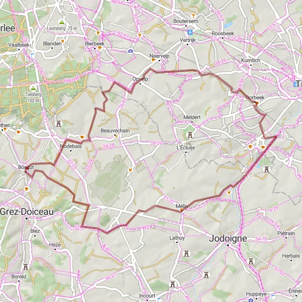 Map miniature of "The Countryside Delight Gravel Route" cycling inspiration in Prov. Brabant Wallon, Belgium. Generated by Tarmacs.app cycling route planner