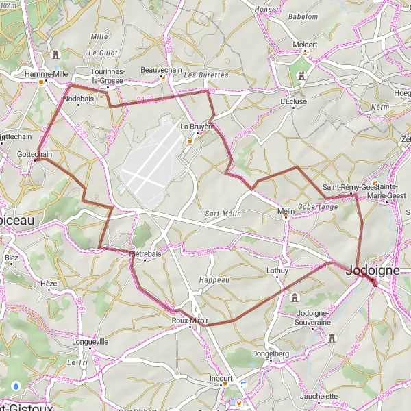 Map miniature of "The Gravel Escape" cycling inspiration in Prov. Brabant Wallon, Belgium. Generated by Tarmacs.app cycling route planner