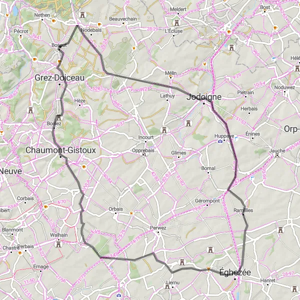 Map miniature of "The Bonlez Challenge" cycling inspiration in Prov. Brabant Wallon, Belgium. Generated by Tarmacs.app cycling route planner