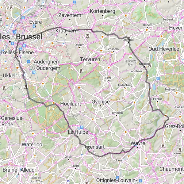 Miniature de la carte de l'inspiration cycliste "La route des Châteaux et des villages" dans la Prov. Brabant Wallon, Belgium. Générée par le planificateur d'itinéraire cycliste Tarmacs.app