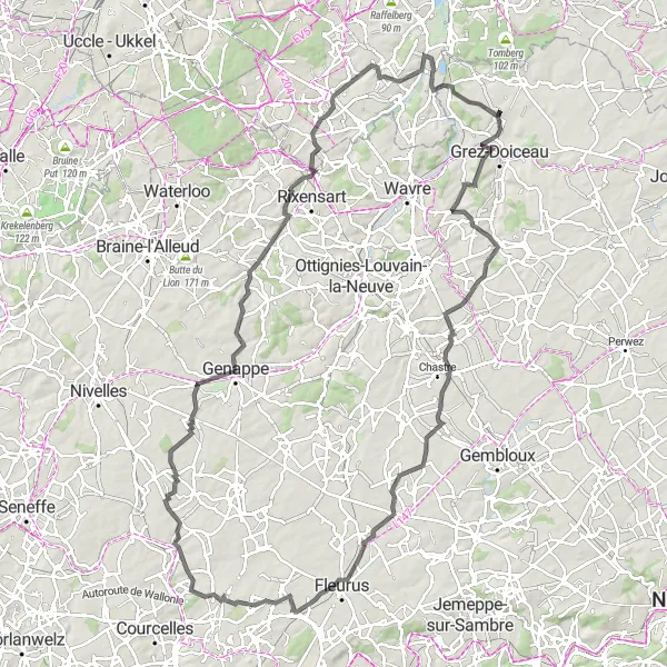 Map miniature of "Challenging Road Cycling Expedition in Wavre" cycling inspiration in Prov. Brabant Wallon, Belgium. Generated by Tarmacs.app cycling route planner