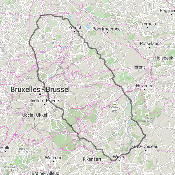 Miniatuurkaart van de fietsinspiratie "Wegroute naar Atomium en Berg" in Prov. Brabant Wallon, Belgium. Gemaakt door de Tarmacs.app fietsrouteplanner