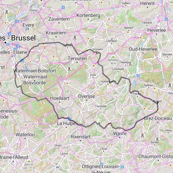 Miniature de la carte de l'inspiration cycliste "Tour du Brabant Wallon en Vélo de Route" dans la Prov. Brabant Wallon, Belgium. Générée par le planificateur d'itinéraire cycliste Tarmacs.app