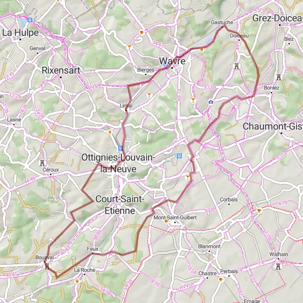 Map miniature of "Gravel Adventure through Bousval" cycling inspiration in Prov. Brabant Wallon, Belgium. Generated by Tarmacs.app cycling route planner