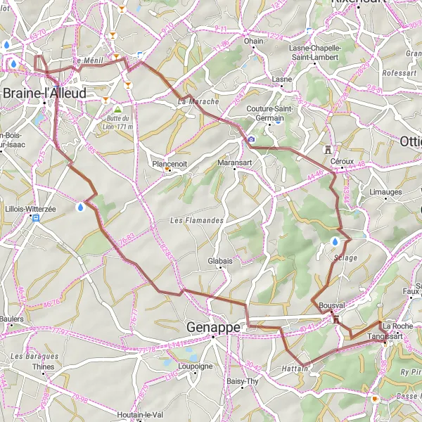Map miniature of "Scenic Gravel Loop from Bousval" cycling inspiration in Prov. Brabant Wallon, Belgium. Generated by Tarmacs.app cycling route planner