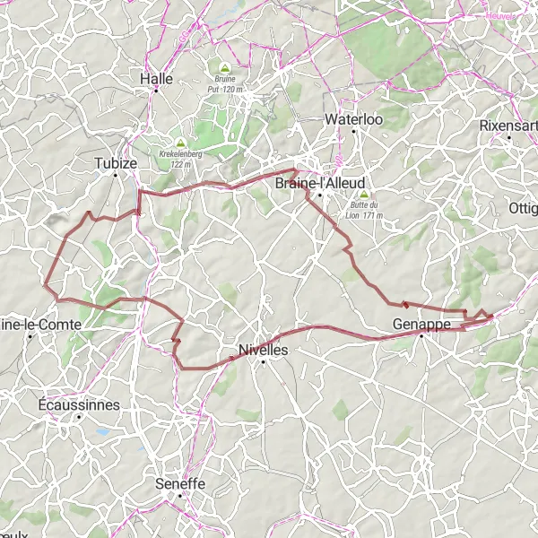 Miniatuurkaart van de fietsinspiratie "Gravelroute van Bousval naar Genappe" in Prov. Brabant Wallon, Belgium. Gemaakt door de Tarmacs.app fietsrouteplanner