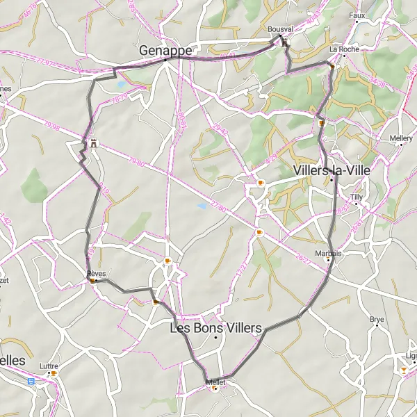Miniature de la carte de l'inspiration cycliste "Bousval - Villers-la-Ville - Mellet - Genappe Road Cycling Route" dans la Prov. Brabant Wallon, Belgium. Générée par le planificateur d'itinéraire cycliste Tarmacs.app