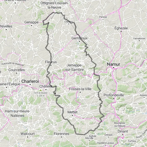 Map miniature of "Challenging Road Tour from Bousval" cycling inspiration in Prov. Brabant Wallon, Belgium. Generated by Tarmacs.app cycling route planner