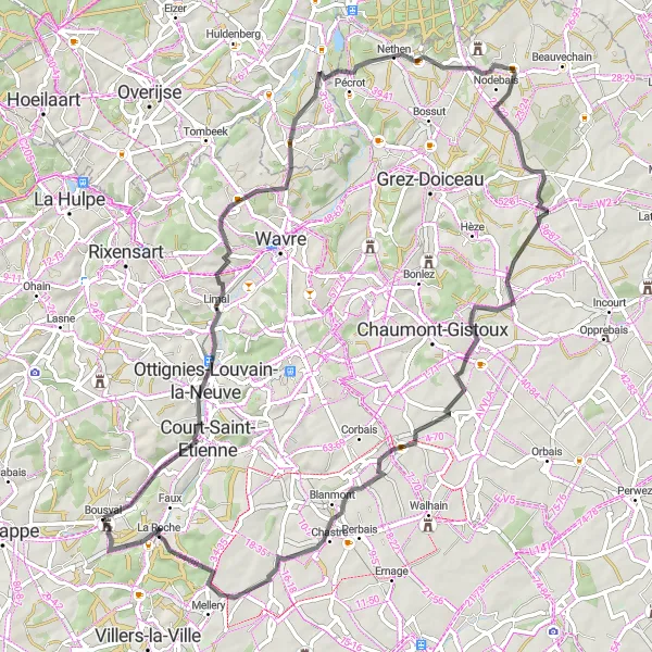 Map miniature of "Scenic Road Loop from Bousval" cycling inspiration in Prov. Brabant Wallon, Belgium. Generated by Tarmacs.app cycling route planner