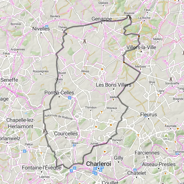 Miniatuurkaart van de fietsinspiratie "Wegroute van Bousval naar Genappe" in Prov. Brabant Wallon, Belgium. Gemaakt door de Tarmacs.app fietsrouteplanner