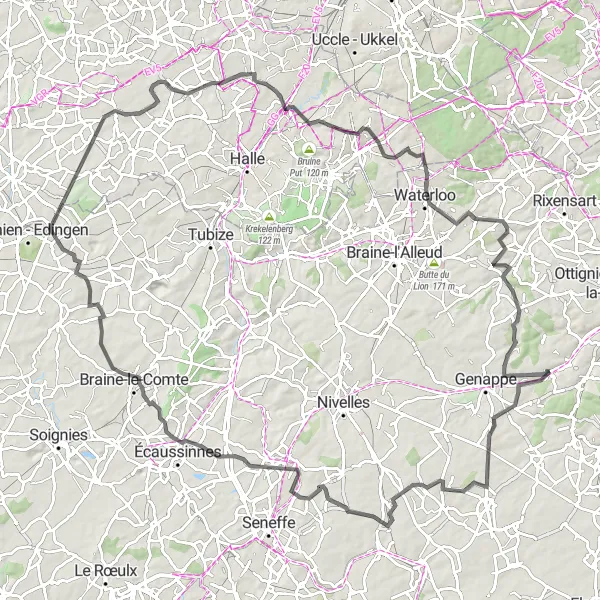 Map miniature of "Bousval Road Adventure" cycling inspiration in Prov. Brabant Wallon, Belgium. Generated by Tarmacs.app cycling route planner