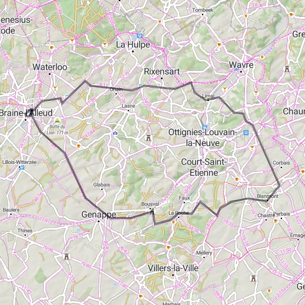 Map miniature of "Scenic Countryside Ride" cycling inspiration in Prov. Brabant Wallon, Belgium. Generated by Tarmacs.app cycling route planner