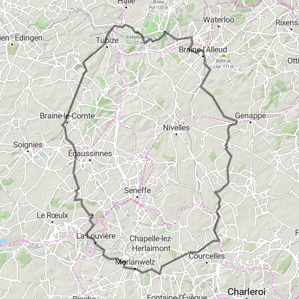 Karten-Miniaturansicht der Radinspiration "Rundfahrt von Braine-l'Alleud nach Sart-Moulin" in Prov. Brabant Wallon, Belgium. Erstellt vom Tarmacs.app-Routenplaner für Radtouren