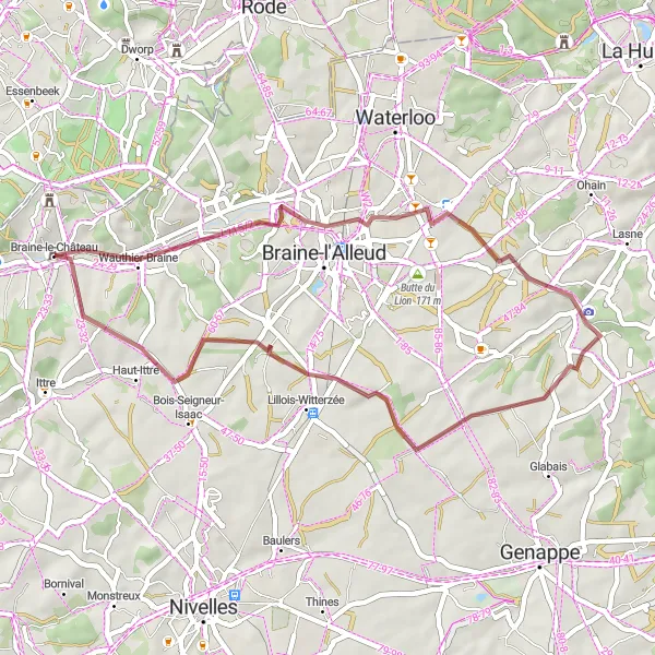 Map miniature of "Wauthier-Braine Loop" cycling inspiration in Prov. Brabant Wallon, Belgium. Generated by Tarmacs.app cycling route planner