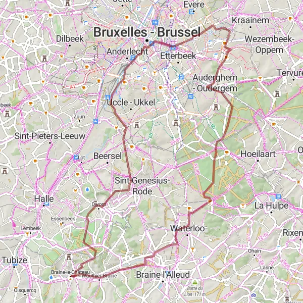 Map miniature of "Gravel Route from Braine-le-Château" cycling inspiration in Prov. Brabant Wallon, Belgium. Generated by Tarmacs.app cycling route planner