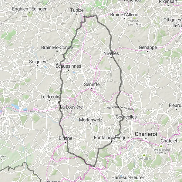 Miniatuurkaart van de fietsinspiratie "Scenic Road Cycling Route via Bois-Seigneur-Isaac and Mignault" in Prov. Brabant Wallon, Belgium. Gemaakt door de Tarmacs.app fietsrouteplanner