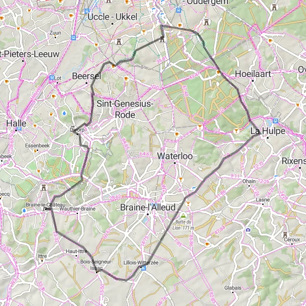 Miniatuurkaart van de fietsinspiratie "Heuvels en Historie: Tour rond Brussel" in Prov. Brabant Wallon, Belgium. Gemaakt door de Tarmacs.app fietsrouteplanner