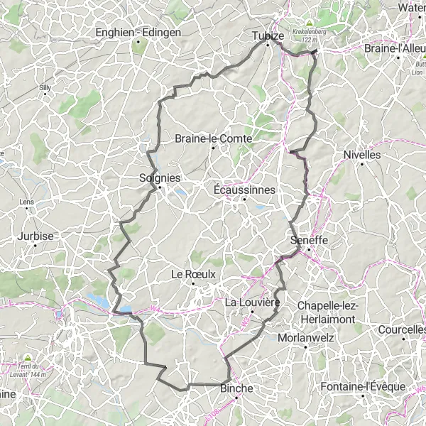 Karten-Miniaturansicht der Radinspiration "Rund um Braine-le-Château - Havré - Rebecq - Tubize" in Prov. Brabant Wallon, Belgium. Erstellt vom Tarmacs.app-Routenplaner für Radtouren