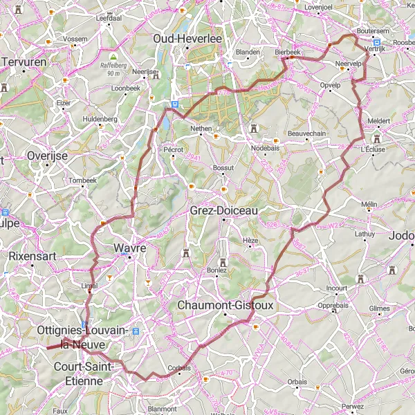 Miniatuurkaart van de fietsinspiratie "Grind Route naar Limal en Mousty" in Prov. Brabant Wallon, Belgium. Gemaakt door de Tarmacs.app fietsrouteplanner