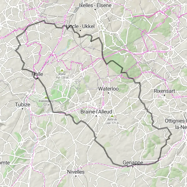 Karten-Miniaturansicht der Radinspiration "Rundfahrt von Céroux-Mousty nach Bousval und zurück" in Prov. Brabant Wallon, Belgium. Erstellt vom Tarmacs.app-Routenplaner für Radtouren