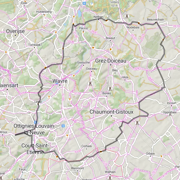 Karten-Miniaturansicht der Radinspiration "Rundfahrt durch Brabant Wallon" in Prov. Brabant Wallon, Belgium. Erstellt vom Tarmacs.app-Routenplaner für Radtouren