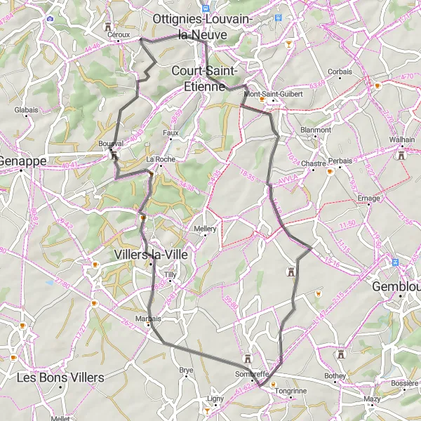 Miniatuurkaart van de fietsinspiratie "Verken de omgeving van Céroux-Mousty via Villers-la-Ville en Bousval" in Prov. Brabant Wallon, Belgium. Gemaakt door de Tarmacs.app fietsrouteplanner